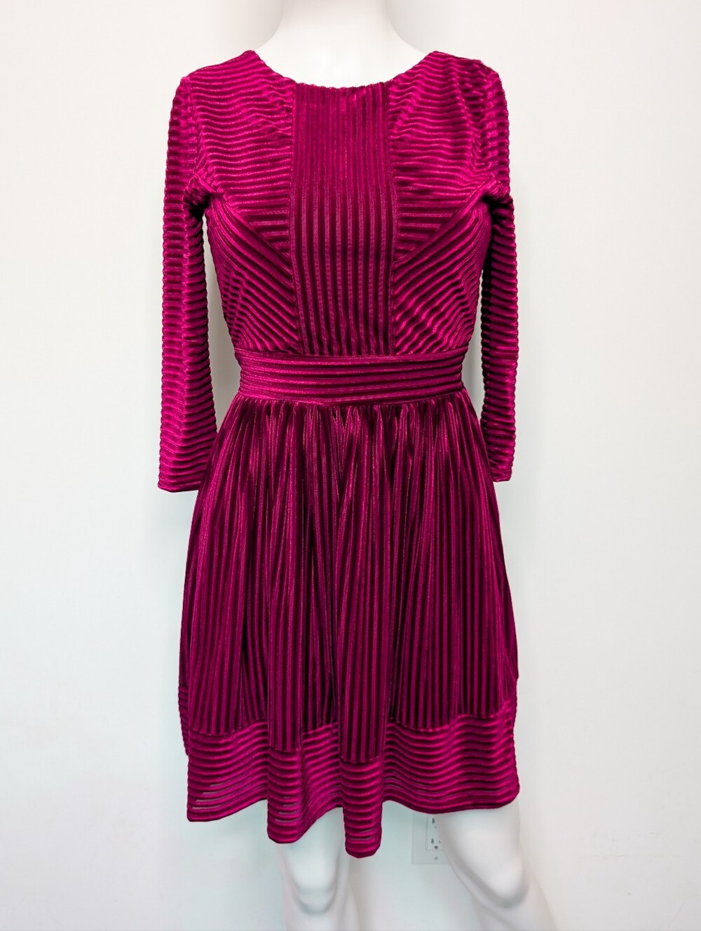 Magenta Pink Ribbed Burn Out Velvet Half Sleeve Fit & Flare Midi Dress Whimsical